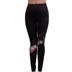 BEBE Sport Black Floral Print & Mesh Inset Full Length Athletic Leggings - Small